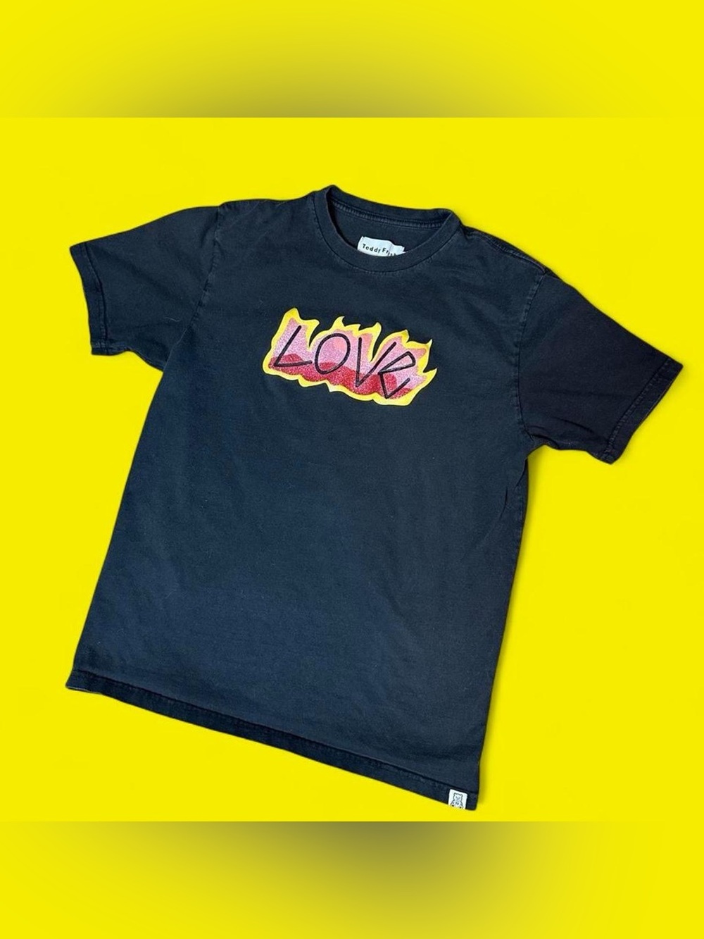 Teddy Fresh Black Tee With “LOVE” Glitter Flame Text. Size M. Discontinued+Rare✨
